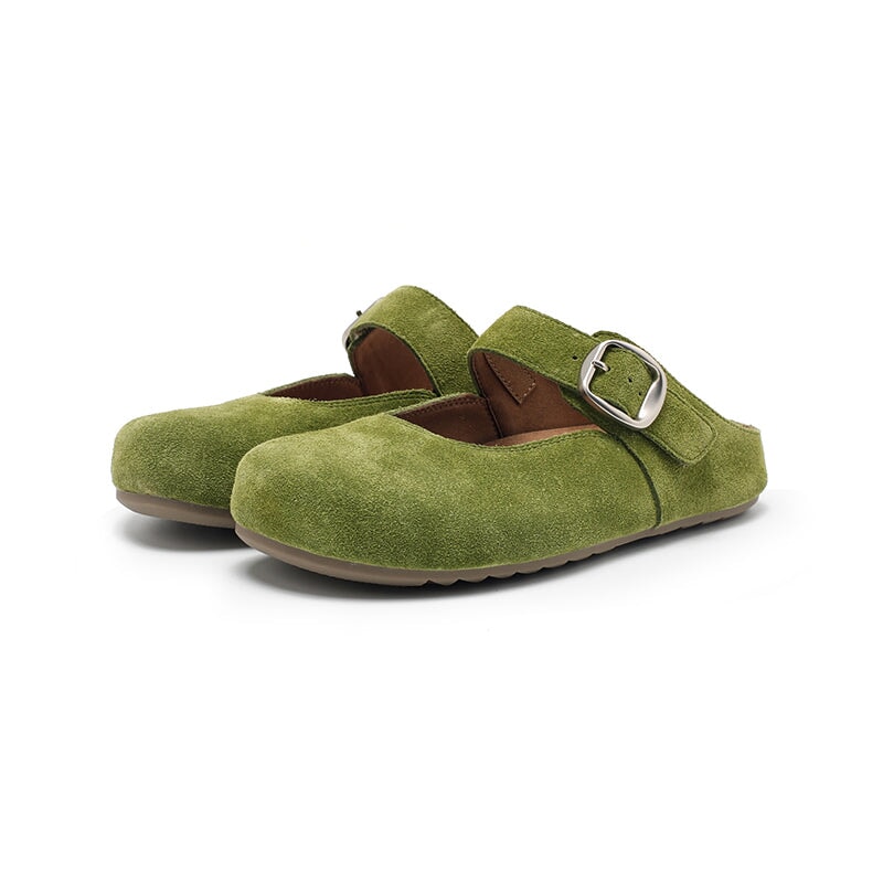 Handmade Soft Suede Leather Buckle Clog Slippers in Pink/Green/Apricot