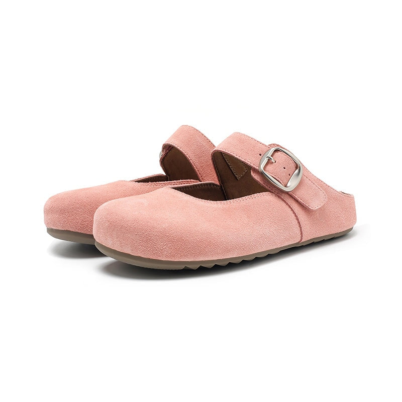 Handmade Soft Suede Leather Buckle Clog Slippers in Pink/Green/Apricot