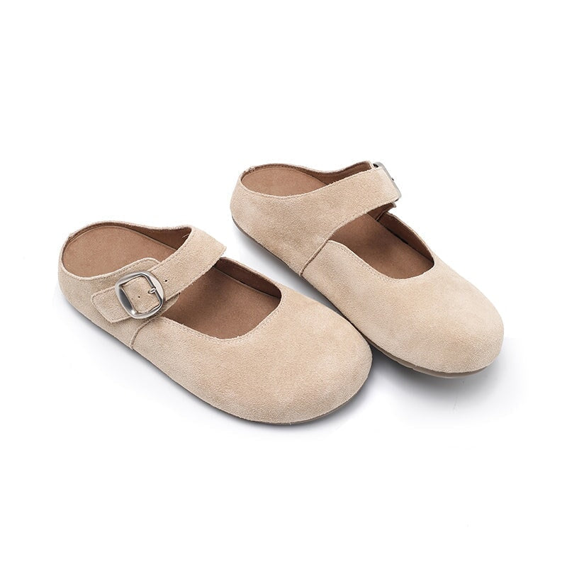 Handmade Soft Suede Leather Buckle Clog Slippers in Pink/Green/Apricot