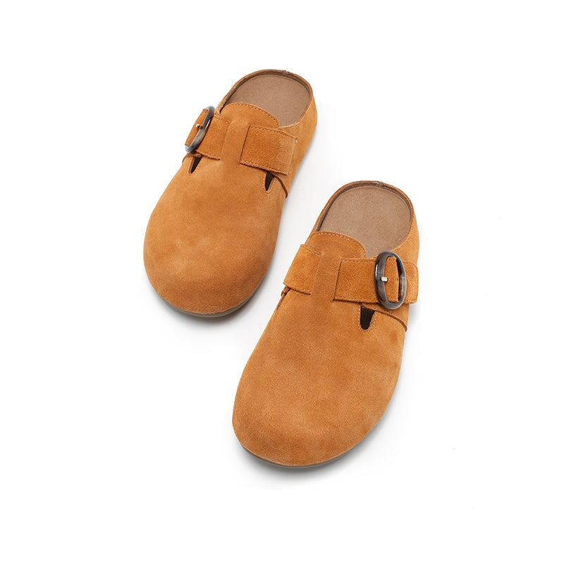 Handmade Soft Suede Leather Clog Slippers Casual Comfort Mules with Buckle in Pink/Deep Brown/Apricot