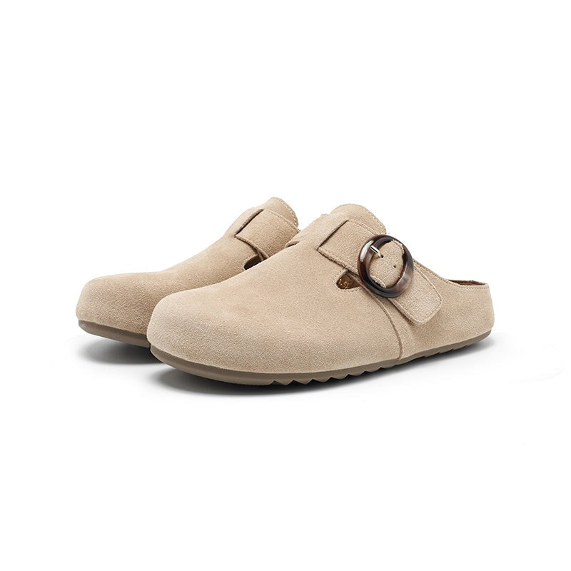 Handmade Soft Suede Leather Clog Slippers Casual Comfort Mules with Buckle in Pink/Deep Brown/Apricot