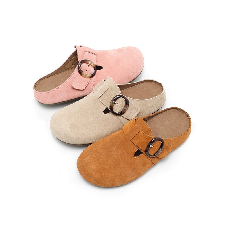 Handmade Soft Suede Leather Clog Slippers Casual Comfort Mules with Buckle in Pink/Deep Brown/Apricot