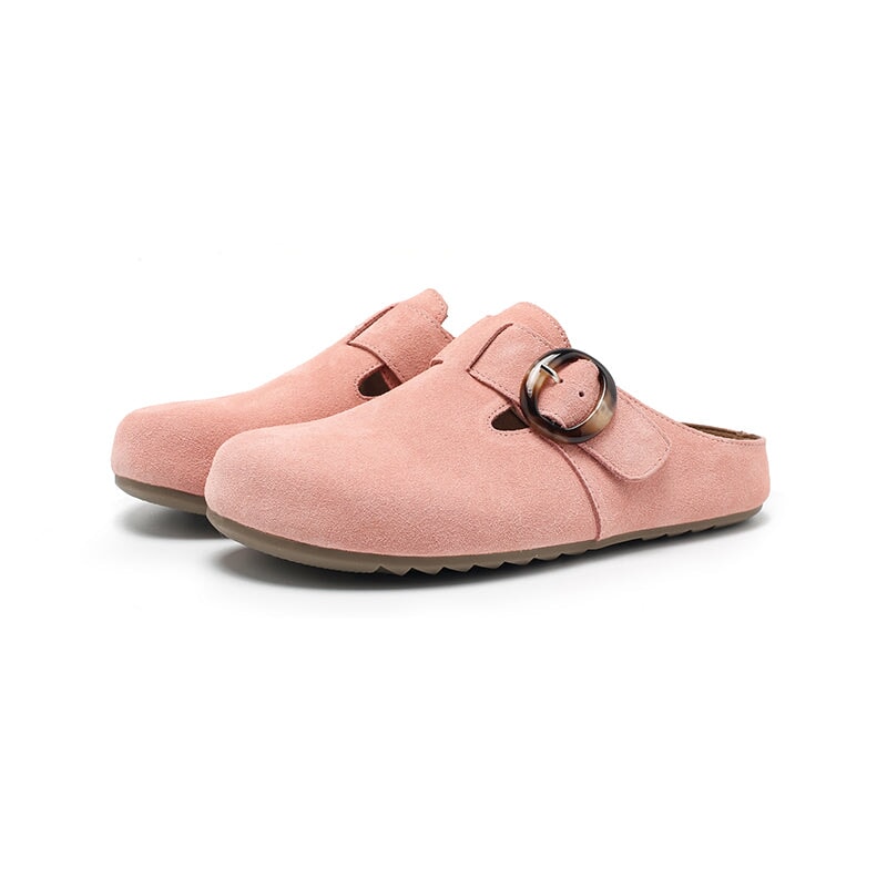 Handmade Soft Suede Leather Clog Slippers Casual Comfort Mules with Buckle in Pink/Deep Brown/Apricot