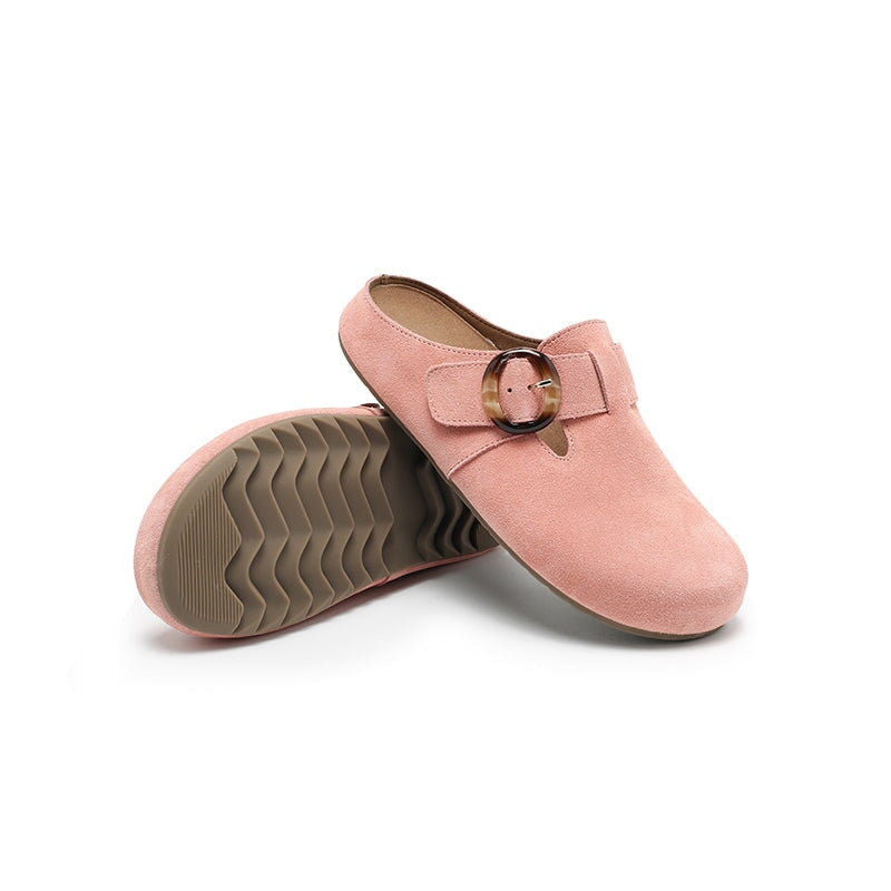 Handmade Soft Suede Leather Clog Slippers Casual Comfort Mules with Buckle in Pink/Deep Brown/Apricot