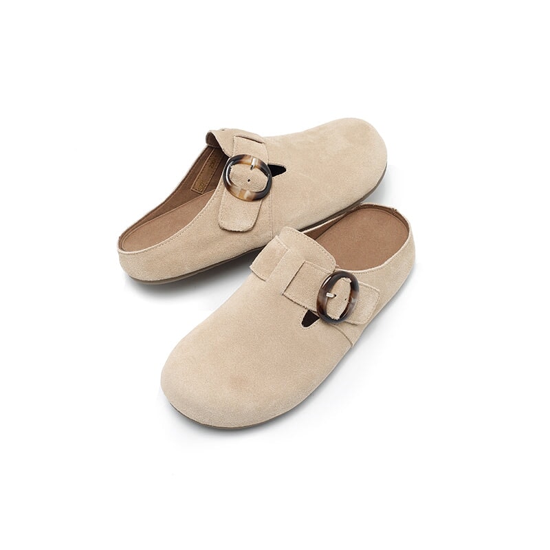 Handmade Soft Suede Leather Clog Slippers Casual Comfort Mules with Buckle in Pink/Deep Brown/Apricot
