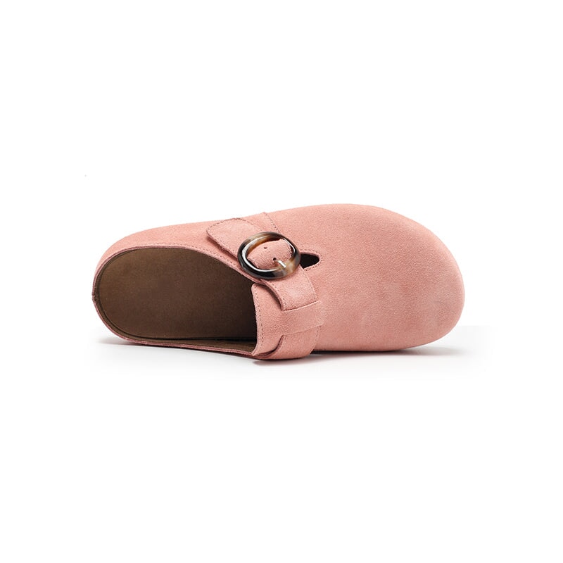 Handmade Soft Suede Leather Clog Slippers Casual Comfort Mules with Buckle in Pink/Deep Brown/Apricot