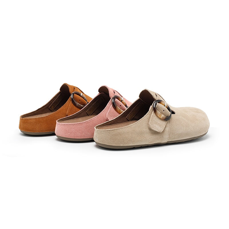 Handmade Soft Suede Leather Clog Slippers Casual Comfort Mules with Buckle in Pink/Deep Brown/Apricot