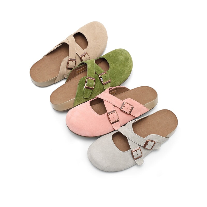 Handmade Soft Suede Leather Clog Slippers with Cross Buckle Straps in Light Grey/Pink/Green/Apricot