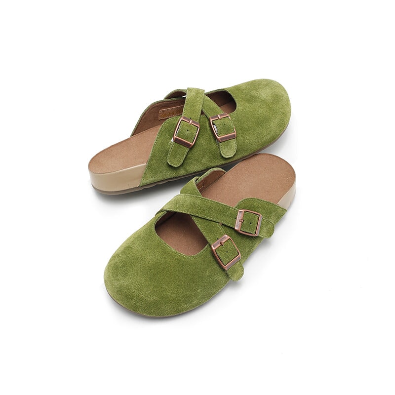 Handmade Soft Suede Leather Clog Slippers with Cross Buckle Straps in Light Grey/Pink/Green/Apricot