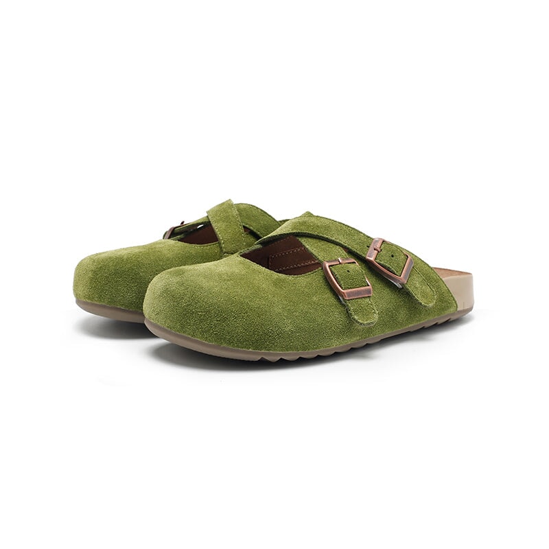 Handmade Soft Suede Leather Clog Slippers with Cross Buckle Straps in Light Grey/Pink/Green/Apricot