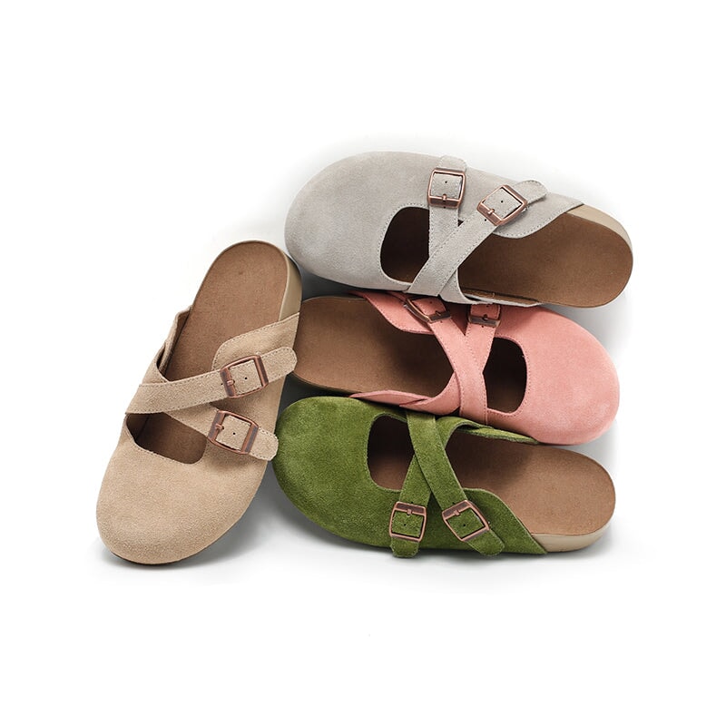 Handmade Soft Suede Leather Clog Slippers with Cross Buckle Straps in Light Grey/Pink/Green/Apricot
