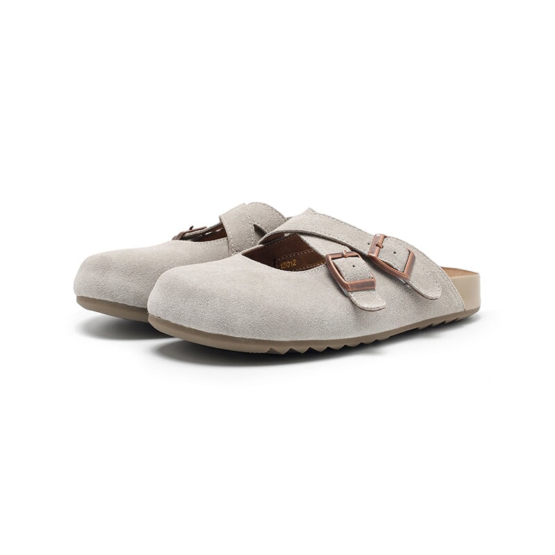 Handmade Soft Suede Leather Clog Slippers with Cross Buckle Straps in Light Grey/Pink/Green/Apricot