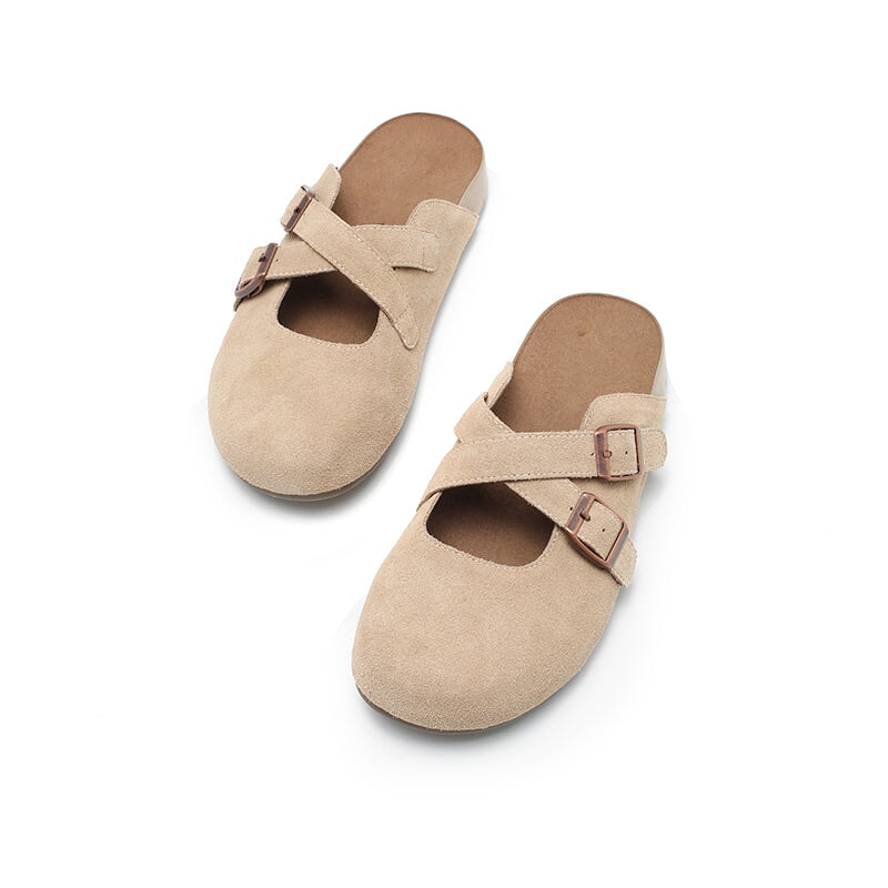 Handmade Soft Suede Leather Clog Slippers with Cross Buckle Straps in Light Grey/Pink/Green/Apricot