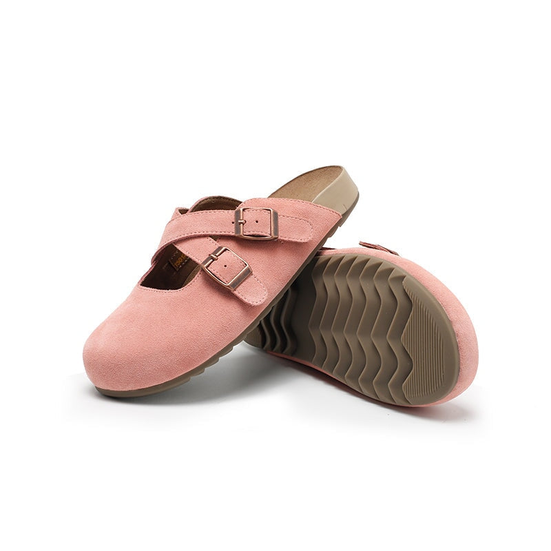 Handmade Soft Suede Leather Clog Slippers with Cross Buckle Straps in Light Grey/Pink/Green/Apricot