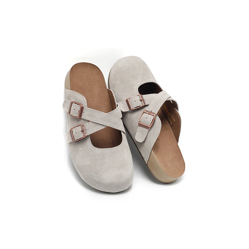 Handmade Soft Suede Leather Clog Slippers with Cross Buckle Straps in Light Grey/Pink/Green/Apricot