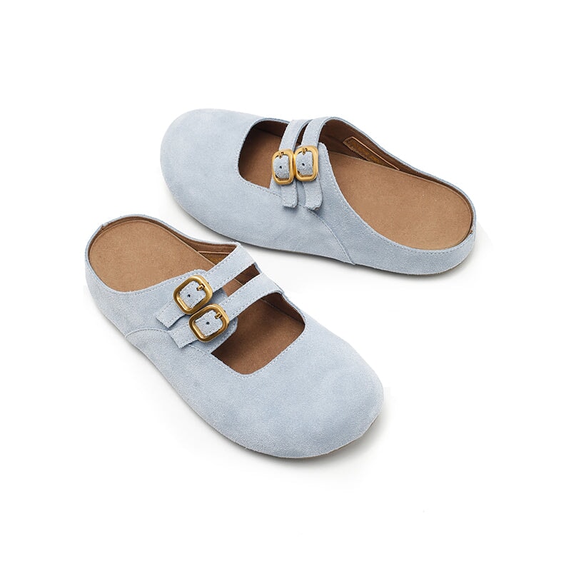 Handmade Soft Suede Leather Clog Slippers with Double Buckle Straps in Light Brown/Deep Brown/Light Grey/Blue