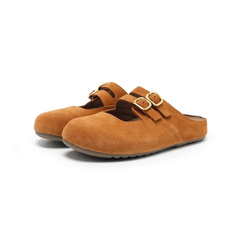 Handmade Soft Suede Leather Clog Slippers with Double Buckle Straps in Light Brown/Deep Brown/Light Grey/Blue