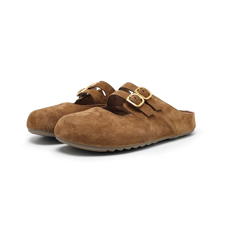 Handmade Soft Suede Leather Clog Slippers with Double Buckle Straps in Light Brown/Deep Brown/Light Grey/Blue