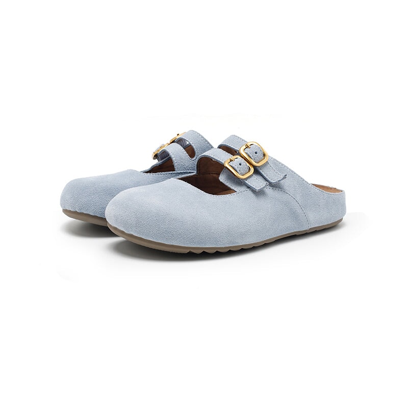 Handmade Soft Suede Leather Clog Slippers with Double Buckle Straps in Light Brown/Deep Brown/Light Grey/Blue