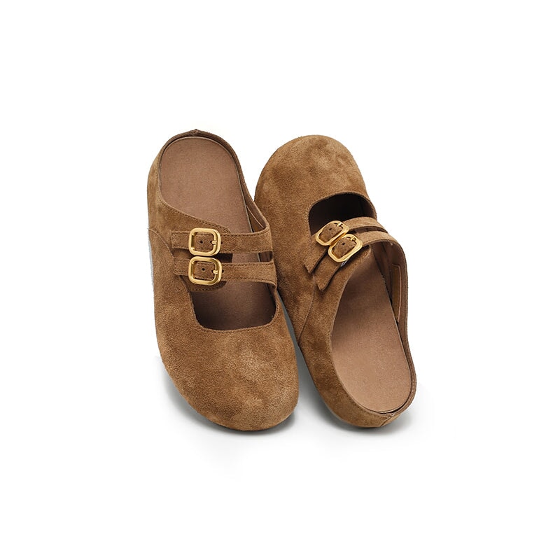 Handmade Soft Suede Leather Clog Slippers with Double Buckle Straps in Light Brown/Deep Brown/Light Grey/Blue