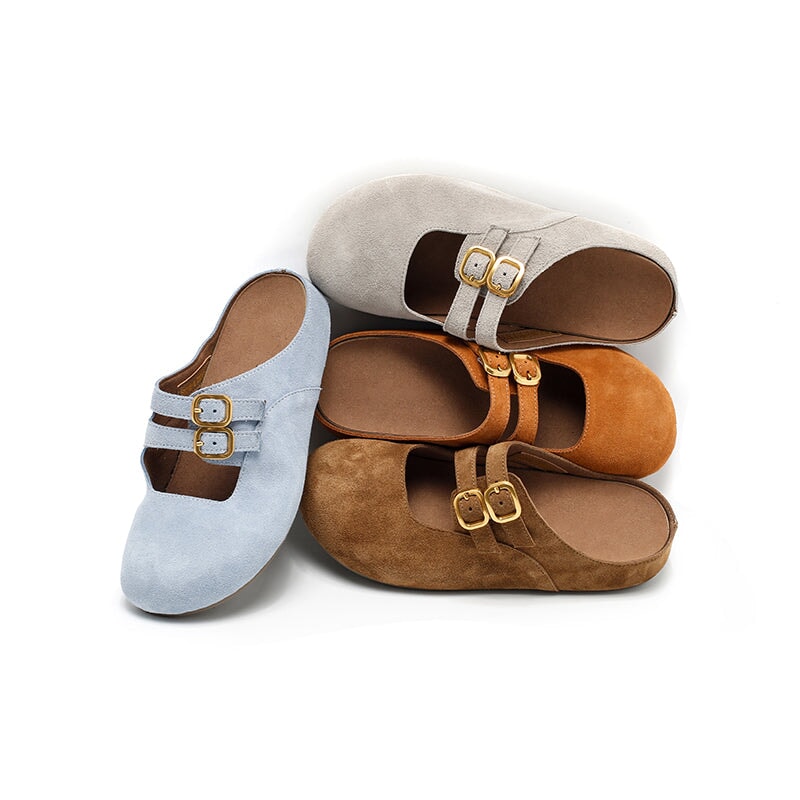 Handmade Soft Suede Leather Clog Slippers with Double Buckle Straps in Light Brown/Deep Brown/Light Grey/Blue