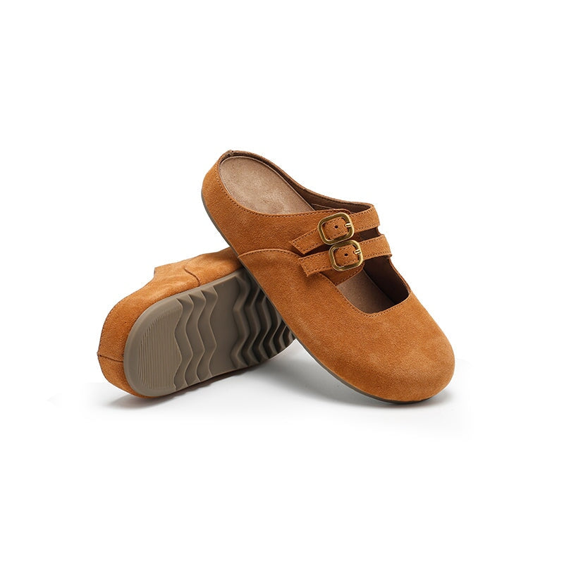 Handmade Soft Suede Leather Clog Slippers with Double Buckle Straps in Light Brown/Deep Brown/Light Grey/Blue