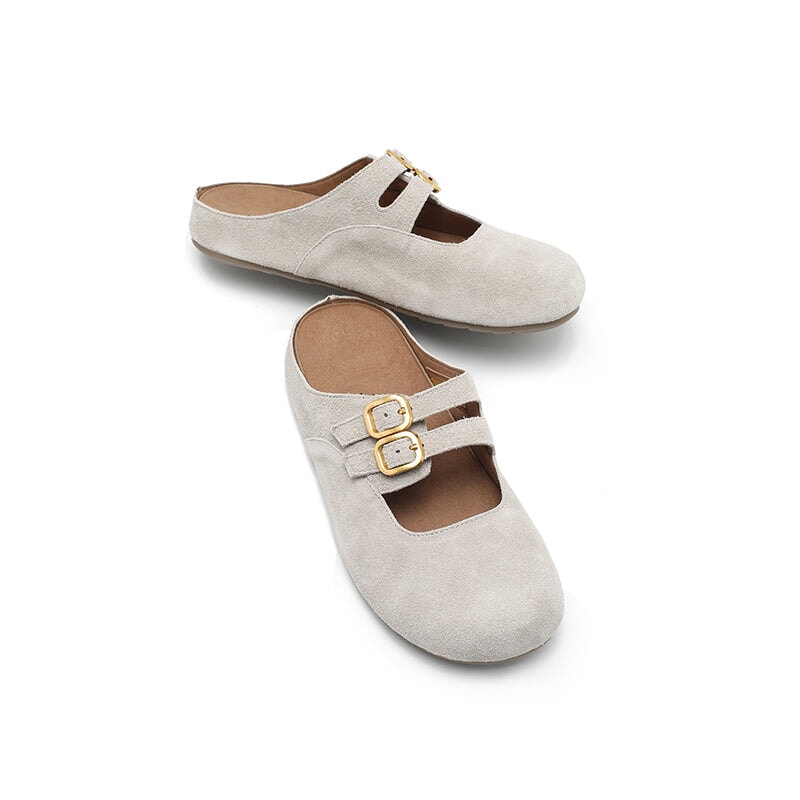 Handmade Soft Suede Leather Clog Slippers with Double Buckle Straps in Light Brown/Deep Brown/Light Grey/Blue