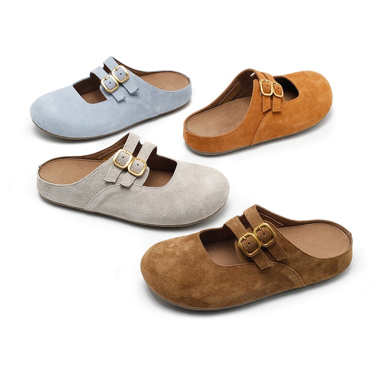 Handmade Soft Suede Leather Clog Slippers with Double Buckle Straps in Light Brown/Deep Brown/Light Grey/Blue