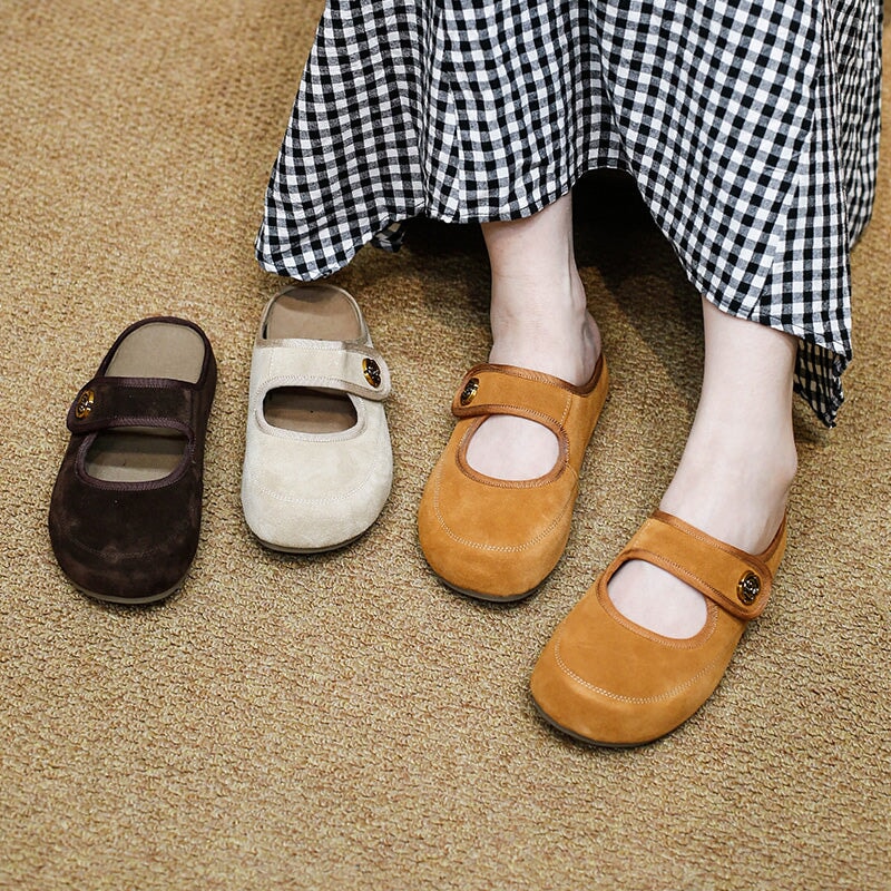 Handmade Soft Suede Leather Clog Slippers with Metal Camellia in Apricot/Deep Brown/Coffee