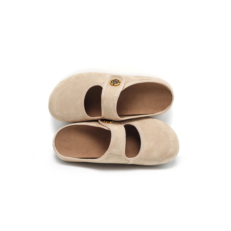 Handmade Soft Suede Leather Clog Slippers with Metal Camellia in Apricot/Deep Brown/Coffee