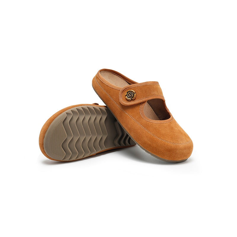 Handmade Soft Suede Leather Clog Slippers with Metal Camellia in Apricot/Deep Brown/Coffee