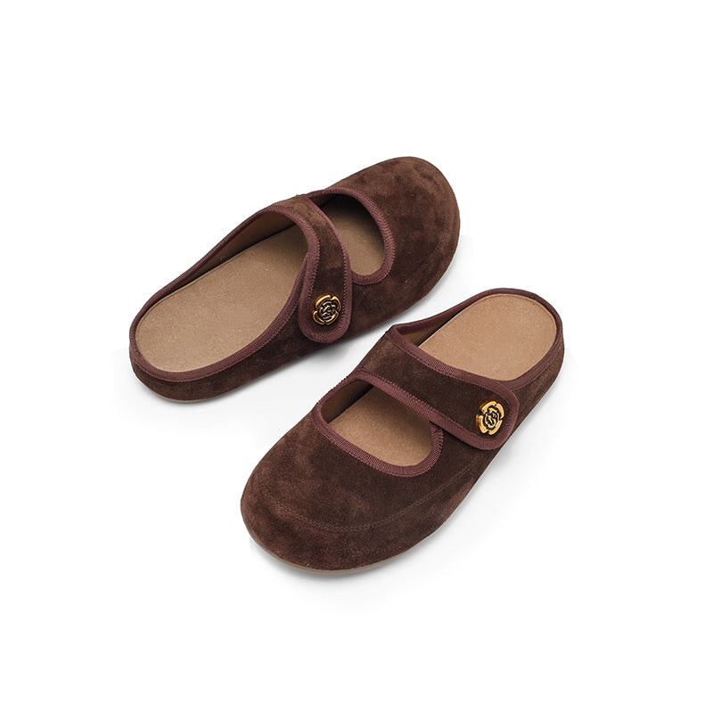 Handmade Soft Suede Leather Clog Slippers with Metal Camellia in Apricot/Deep Brown/Coffee
