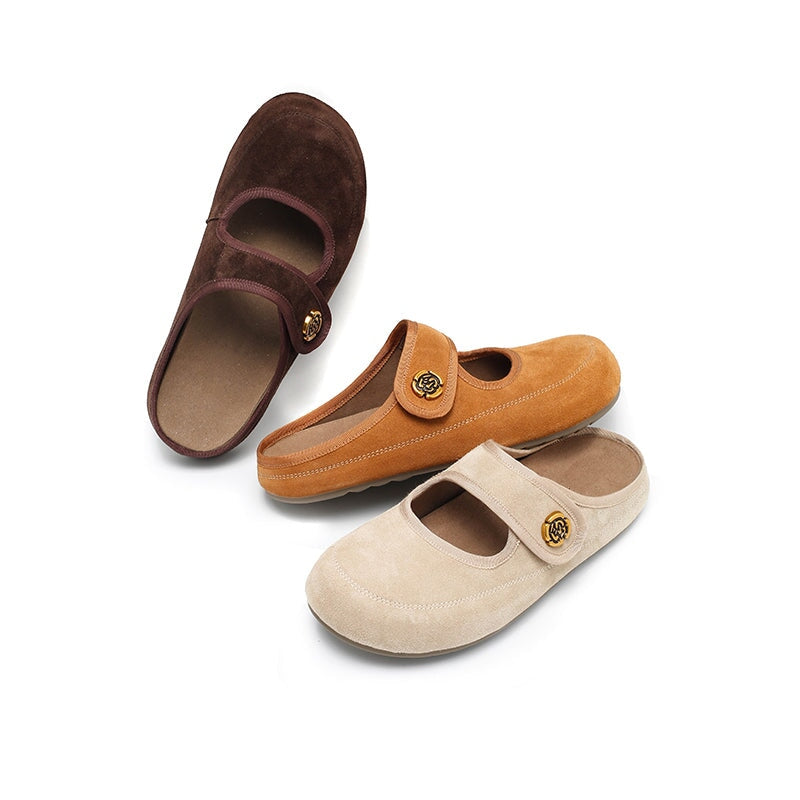 Handmade Soft Suede Leather Clog Slippers with Metal Camellia in Apricot/Deep Brown/Coffee