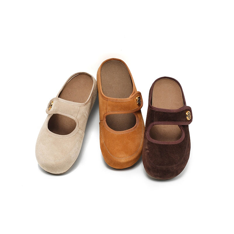 Handmade Soft Suede Leather Clog Slippers with Metal Camellia in Apricot/Deep Brown/Coffee