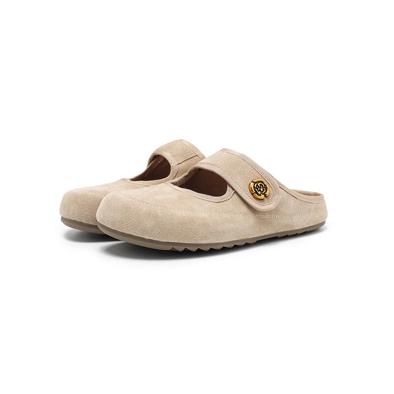 Handmade Soft Suede Leather Clog Slippers with Metal Camellia in Apricot/Deep Brown/Coffee