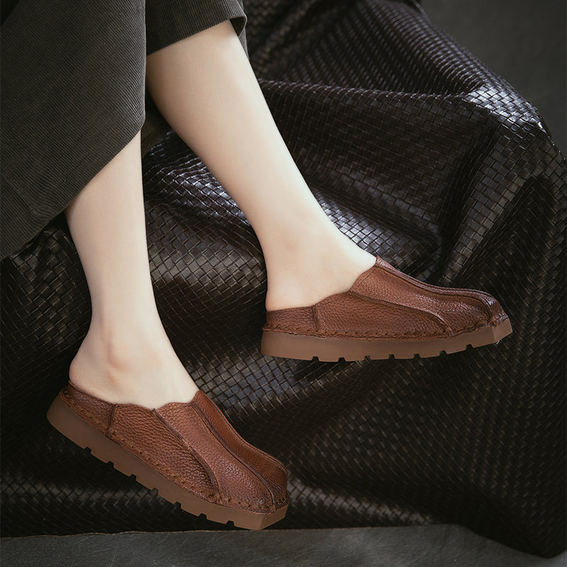Handmade Square Toe Leather Mule Slippers Retro Flat Casual Slides in Brown/Red/Green