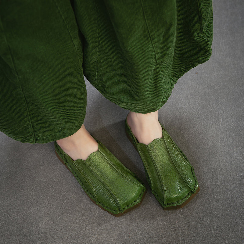 Handmade Square Toe Leather Mule Slippers Retro Flat Casual Slides in Brown/Red/Green