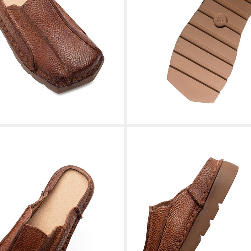 Handmade Square Toe Leather Mule Slippers Retro Flat Casual Slides in Brown/Red/Green