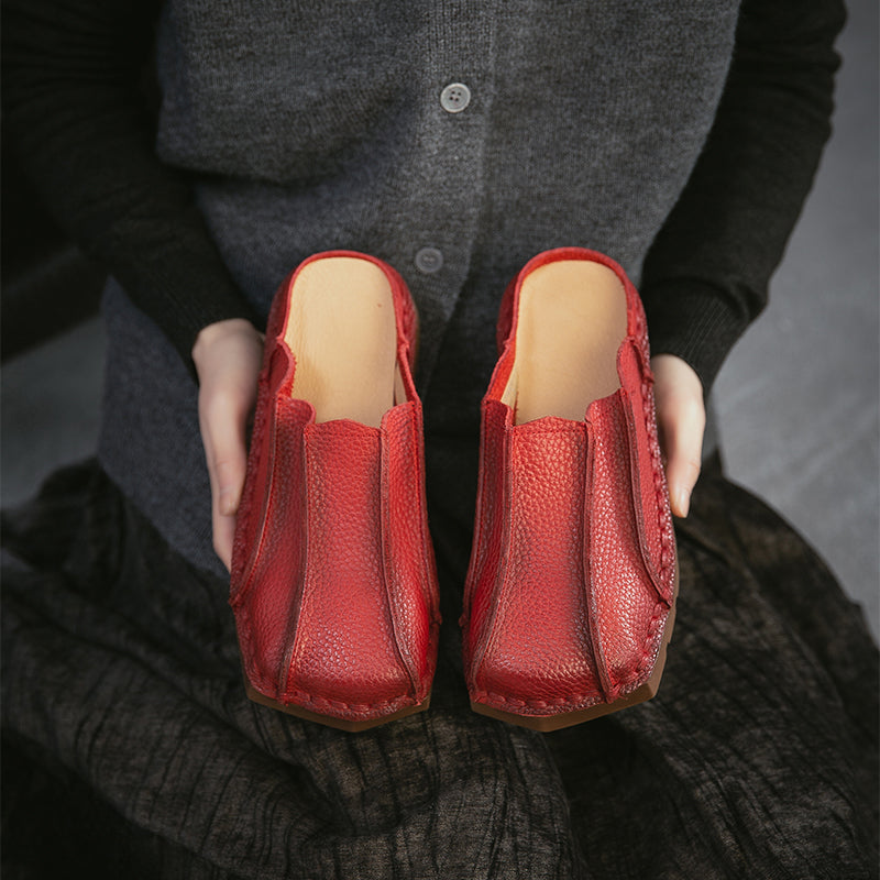 Handmade Square Toe Leather Mule Slippers Retro Flat Casual Slides in Brown/Red/Green