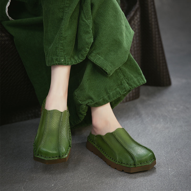 Handmade Square Toe Leather Mule Slippers Retro Flat Casual Slides in Brown/Red/Green