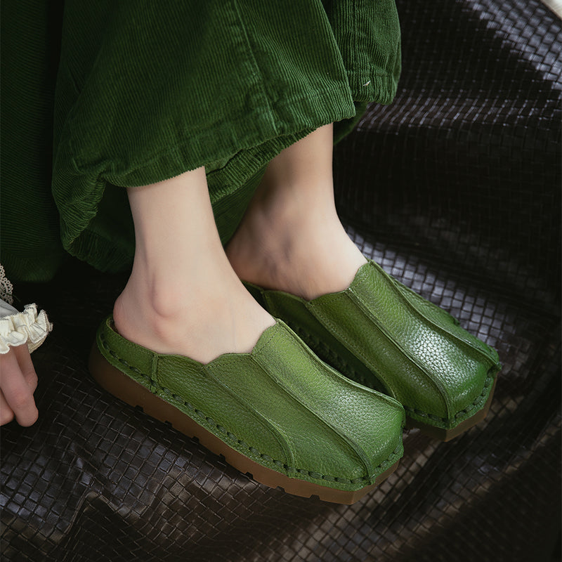 Handmade Square Toe Leather Mule Slippers Retro Flat Casual Slides in Brown/Red/Green