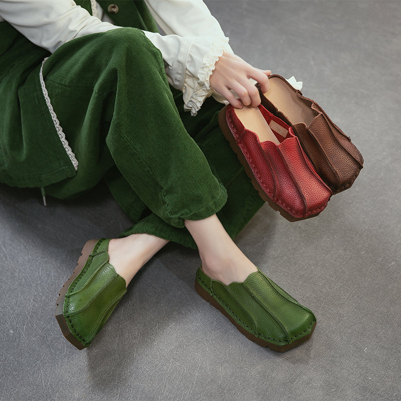 Handmade Square Toe Leather Mule Slippers Retro Flat Casual Slides in Brown/Red/Green