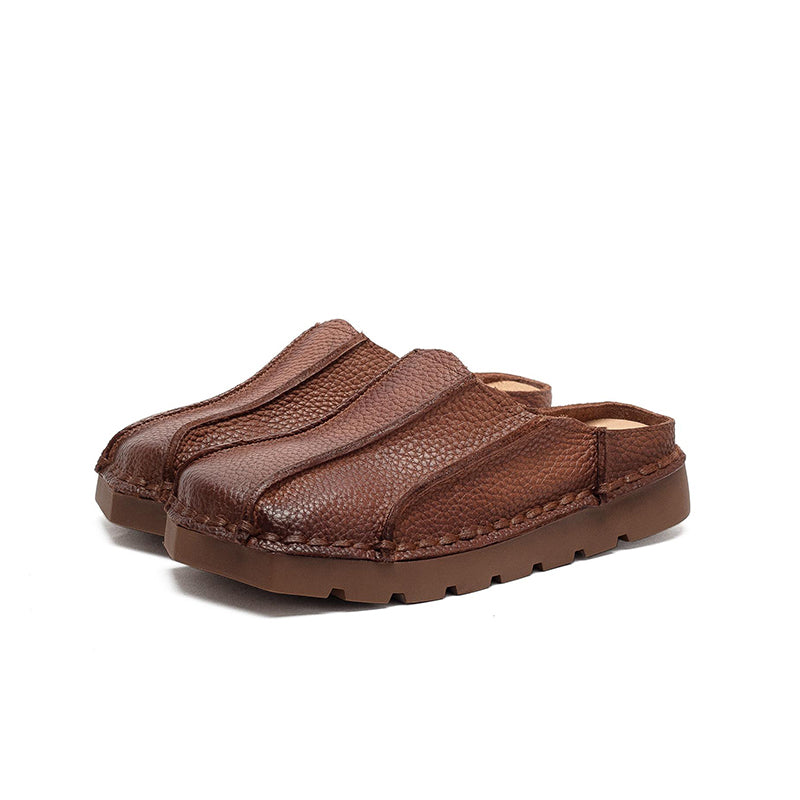 Handmade Square Toe Leather Mule Slippers Retro Flat Casual Slides in Brown/Red/Green