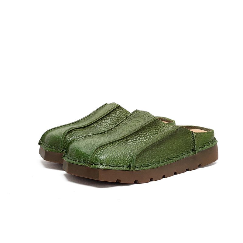 Handmade Square Toe Leather Mule Slippers Retro Flat Casual Slides in Brown/Red/Green