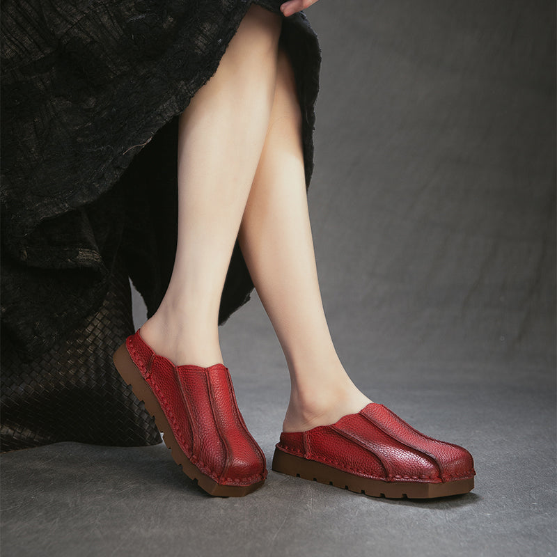Handmade Square Toe Leather Mule Slippers Retro Flat Casual Slides in Brown/Red/Green