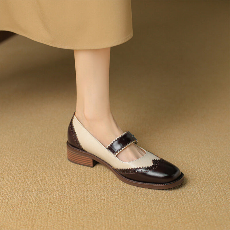 Handmade Two-Tone Leather Brogue Mary Jane Shoes for Women in Dark Brown/Black