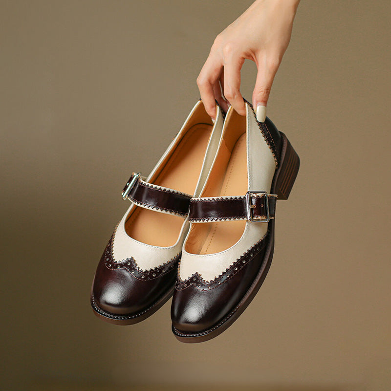 Handmade Two-Tone Leather Brogue Mary Jane Shoes for Women in Dark Brown/Black