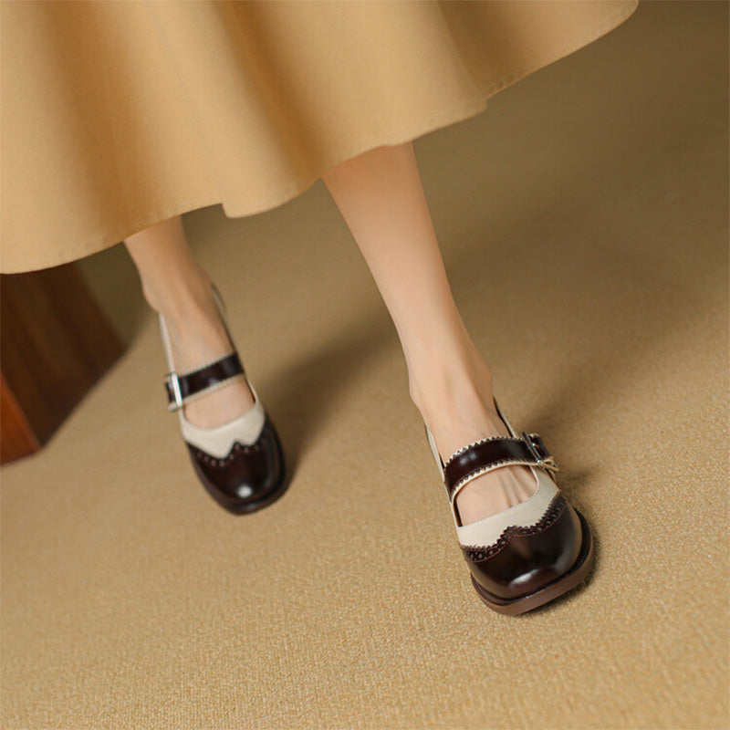 Handmade Two-Tone Leather Brogue Mary Jane Shoes for Women in Dark Brown/Black