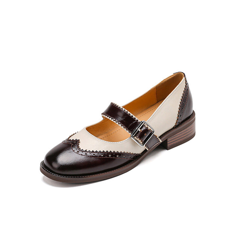 Handmade Two-Tone Leather Brogue Mary Jane Shoes for Women in Dark Brown/Black