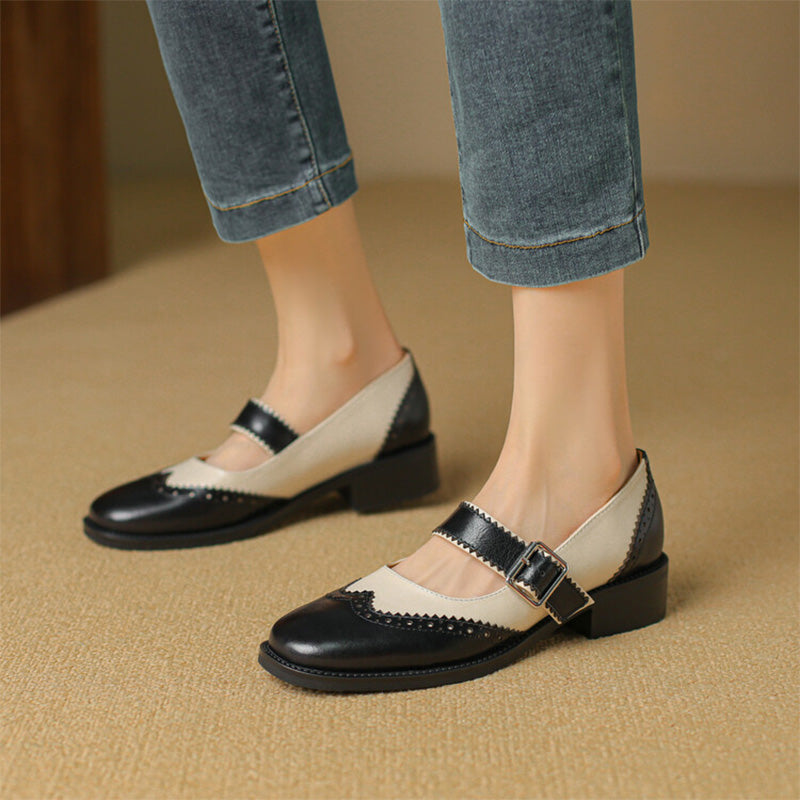Handmade Two-Tone Leather Brogue Mary Jane Shoes for Women in Dark Brown/Black